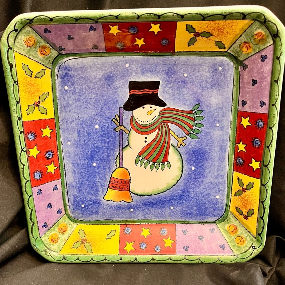 Sango Sweet Shoppe Christmas 10.5” Square Snowman Serving Tray Stoneware Festive